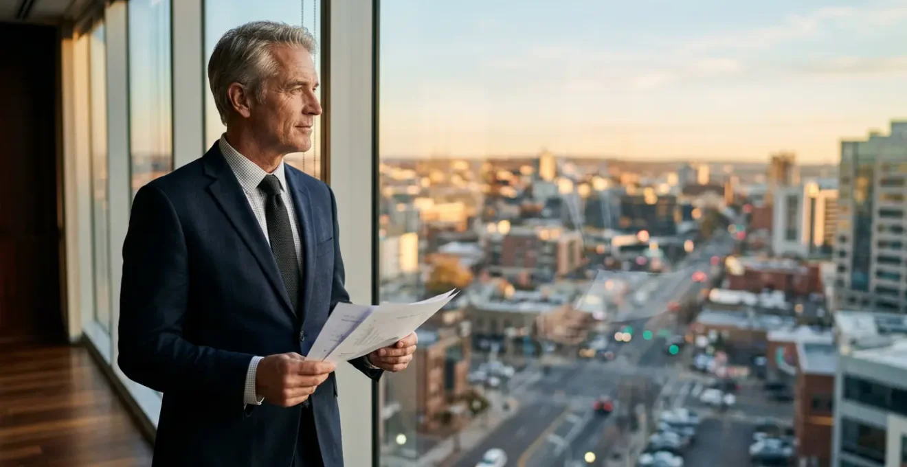 Dirigeant d'entreprise préparant sa transmission et son départ à la retraite dans un contexte professionnel