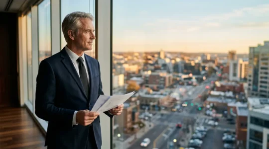 Dirigeant d'entreprise préparant sa transmission et son départ à la retraite dans un contexte professionnel