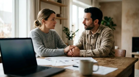 Couple réfléchissant ensemble à leur choix d'assurance emprunteur pour protéger leur foyer