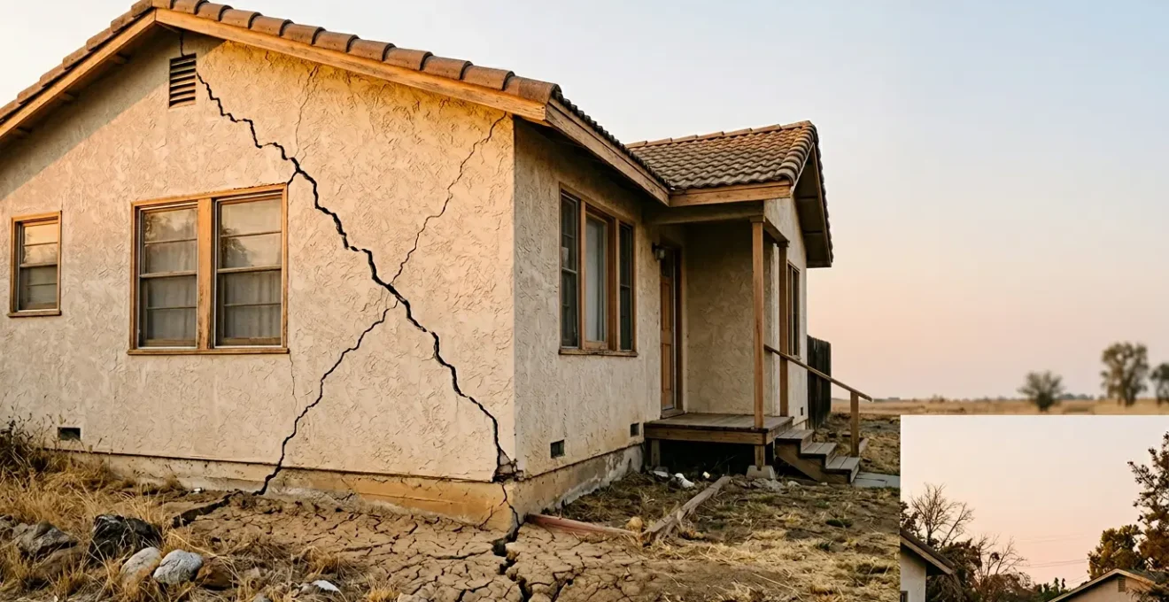 Maison résidentielle avec fissures visibles sur la façade suite au retrait-gonflement des argiles