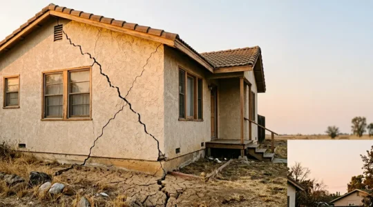 Maison résidentielle avec fissures visibles sur la façade suite au retrait-gonflement des argiles