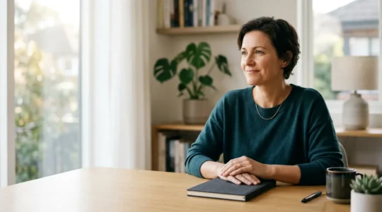 Travailleur indépendant consultant ses documents de prévoyance dans un environnement professionnel serein