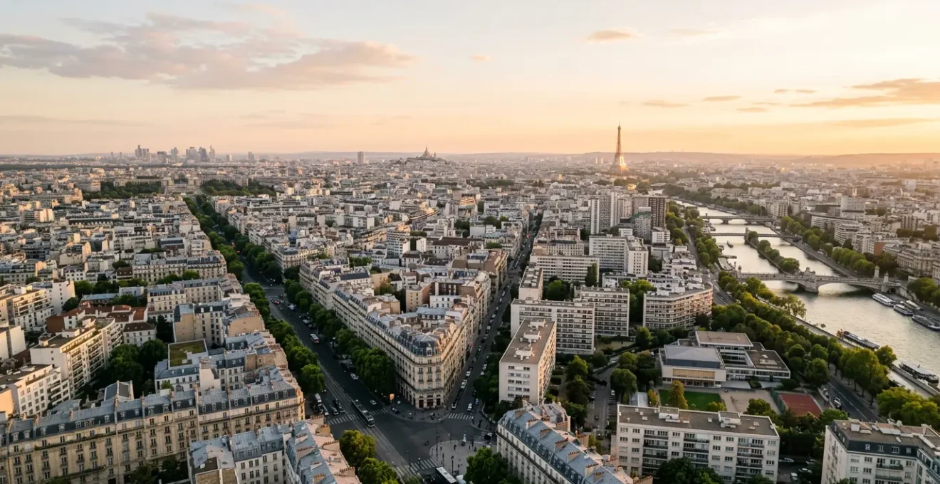 Vue aérienne d'une métropole française moderne avec quartiers résidentiels et immeubles d'habitation