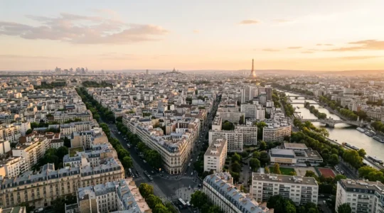 Vue aérienne d'une métropole française moderne avec quartiers résidentiels et immeubles d'habitation