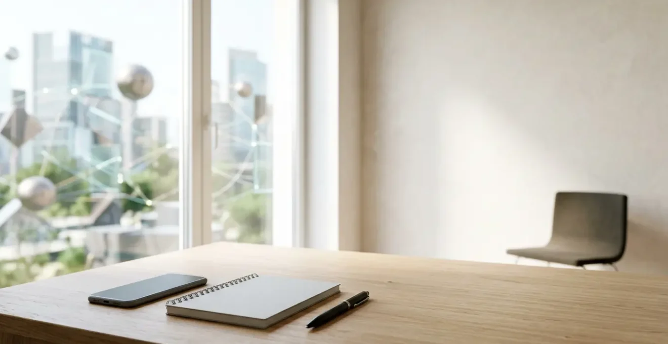 Vue d'ensemble minimaliste d'un espace de travail moderne avec des éléments symbolisant la diversification financière internationale et l'accessibilité de l'investissement ETF