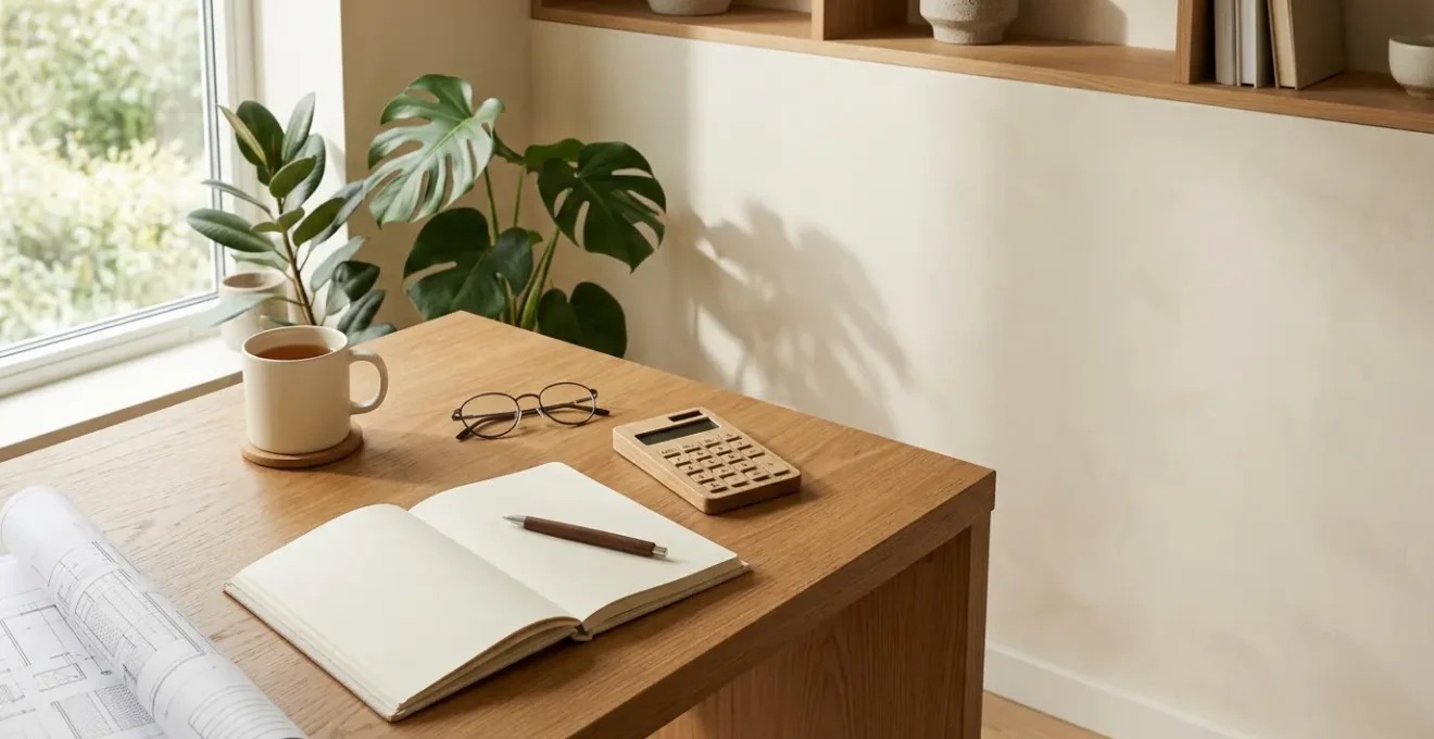 Vue grand angle d'un bureau moderne minimaliste avec calculatrice et documents de prêt, lumière naturelle douce, espace négatif