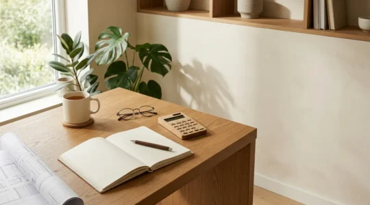 Vue grand angle d'un bureau moderne minimaliste avec calculatrice et documents de prêt, lumière naturelle douce, espace négatif