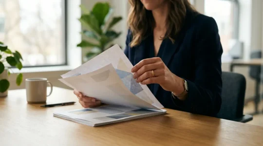 Personne tenant des documents d'assurance avec détermination symbolisant la liberté de changer d'assurance emprunteur