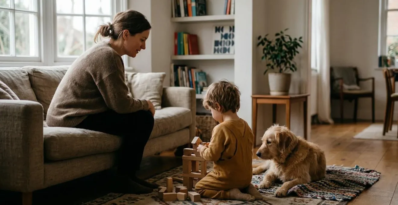 Parent veillant sur sa famille avec un enfant et un chien dans un cadre domestique chaleureux symbolisant la protection et la responsabilité