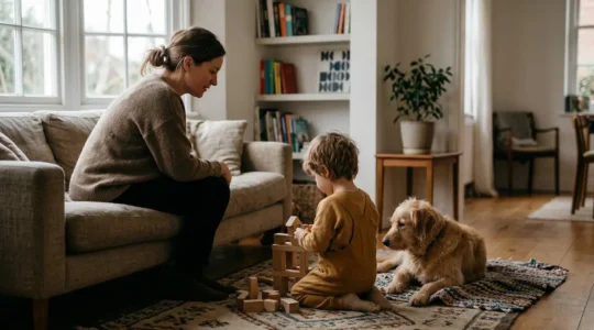 Parent veillant sur sa famille avec un enfant et un chien dans un cadre domestique chaleureux symbolisant la protection et la responsabilité