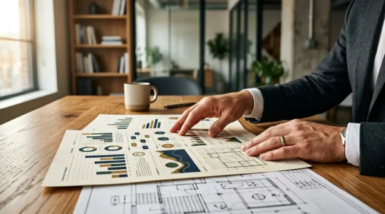 Professionnel examinant des documents financiers pour un projet immobilier