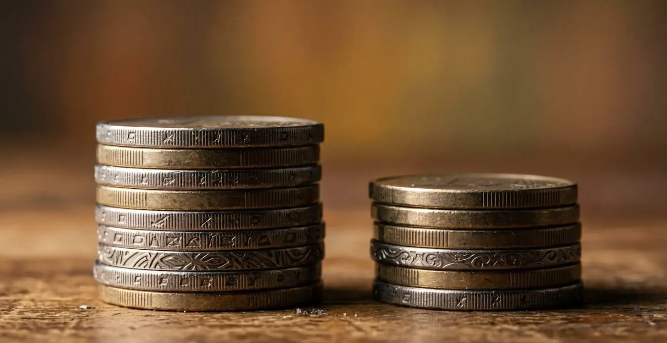 Deux piles de pièces de monnaie de hauteurs très différentes illustrant la différence de coût entre un crédit renouvelable et un prêt personnel.