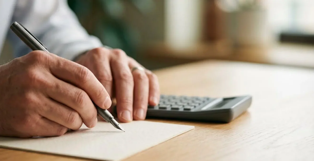 Gros plan sur des mains de professionnel consultant des documents financiers avec calculatrice et stylo