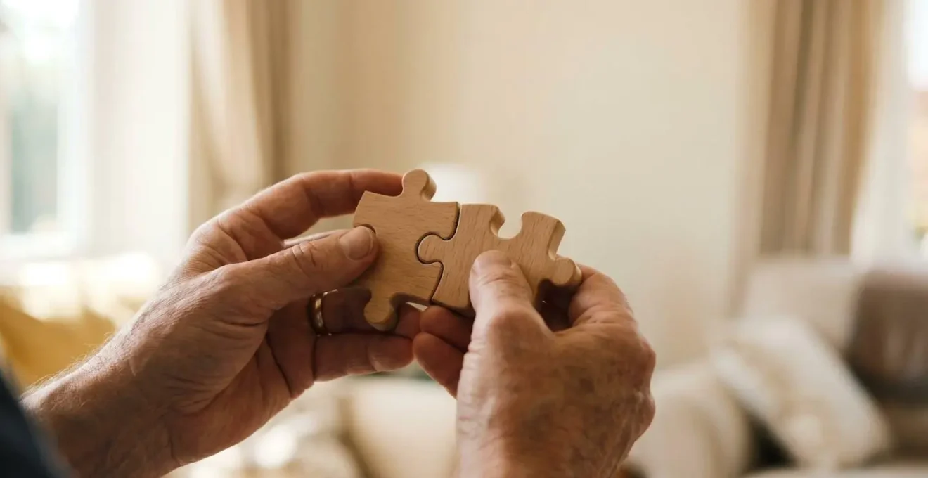 Représentation symbolique de la reconstitution de la pleine propriété avec deux mains assemblant parfaitement deux pièces de puzzle en bois