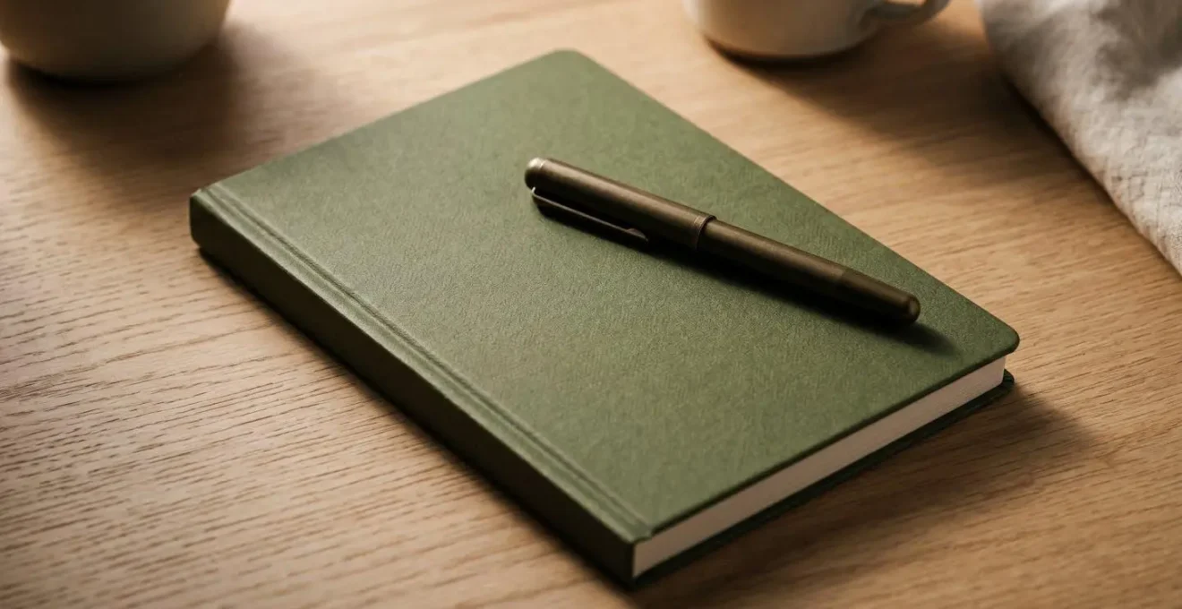 Carnet ouvert avec stylo posé délicatement suggérant planification et objectifs personnels dans lumière naturelle douce