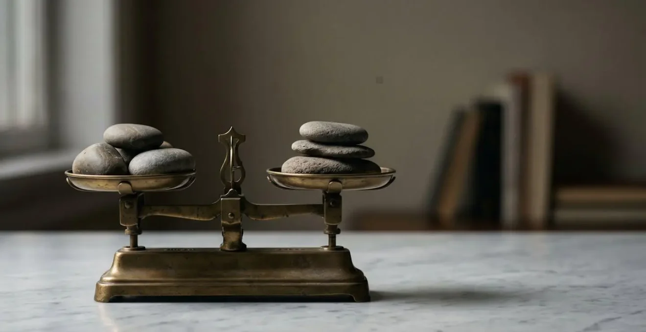 Une balance de justice vintage en parfait équilibre, symbolisant le choix stratégique entre rembourser un crédit et préserver son apport personnel.
