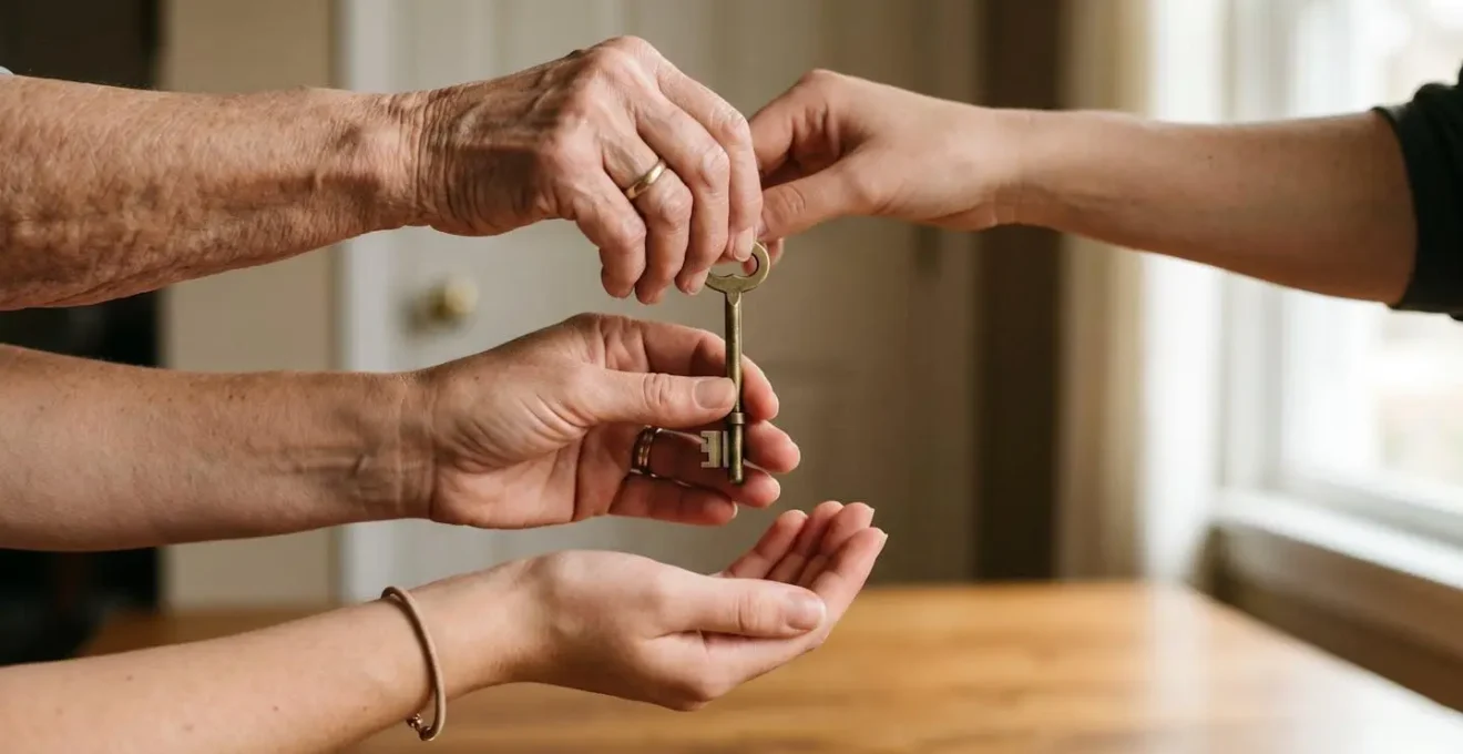 Transmission de patrimoine symbolisée par une clé passant entre les mains de trois générations, illustrant la continuité familiale.